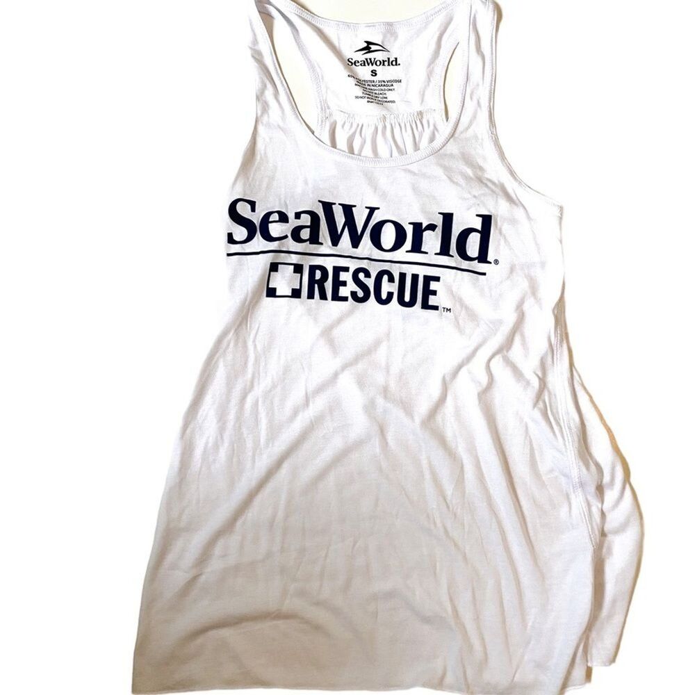 SeaWorld Rescue White & Blue Graphic Tank Top Small  Casual Ocean Conservation